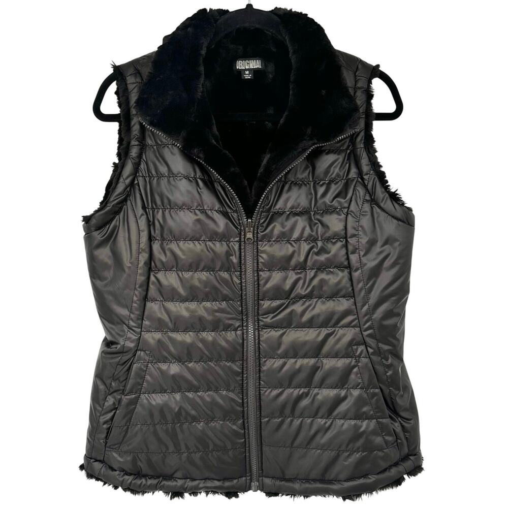 Nicole Miller Original Black Reversible Faux Fur Puff Vest Size M